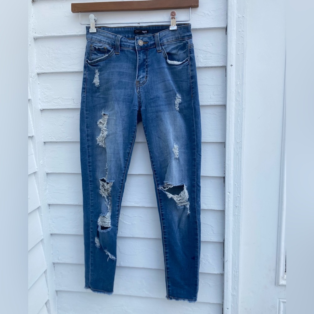 Fashion Nova Ripped Distressed Blue Skinny Jeans